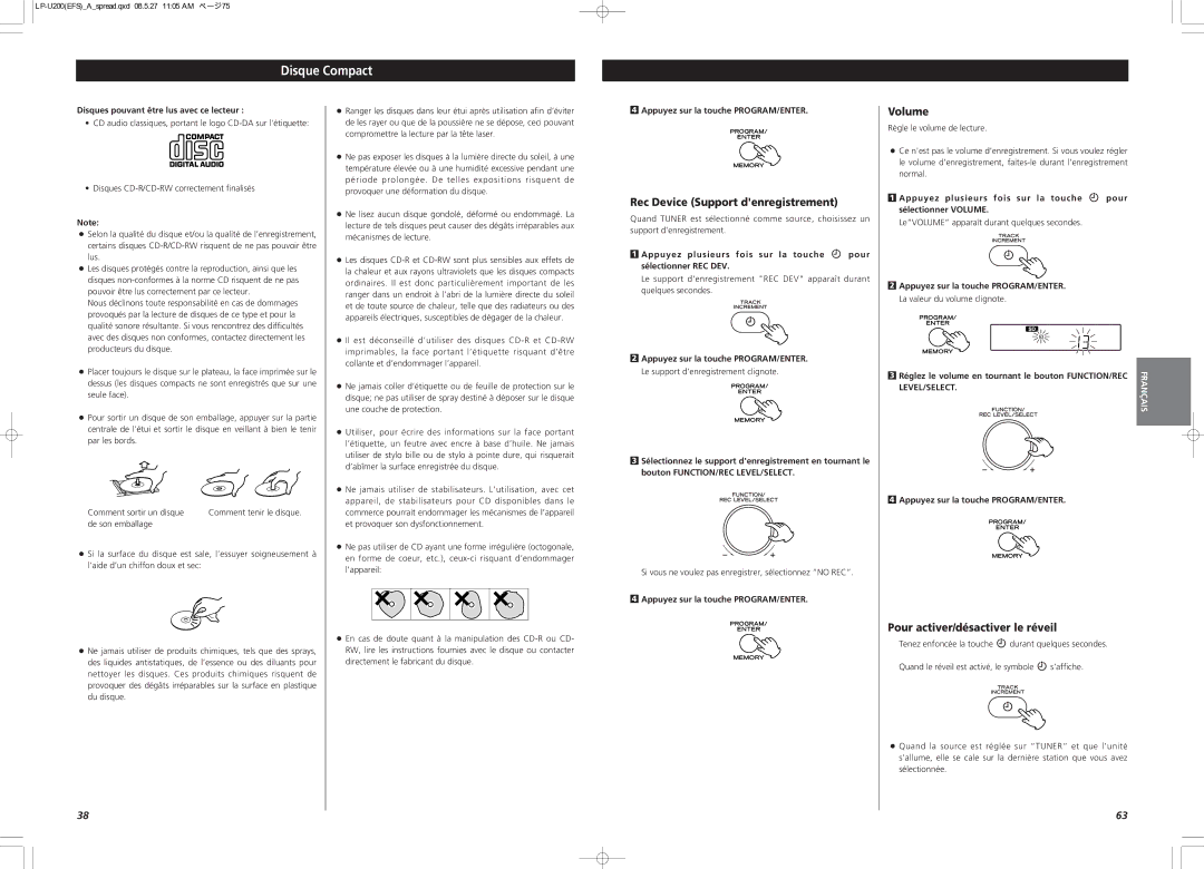 Teac CEC6P10501531 owner manual Disque Compact, Rec Device Support denregistrement, Pour activer/désactiver le réveil 