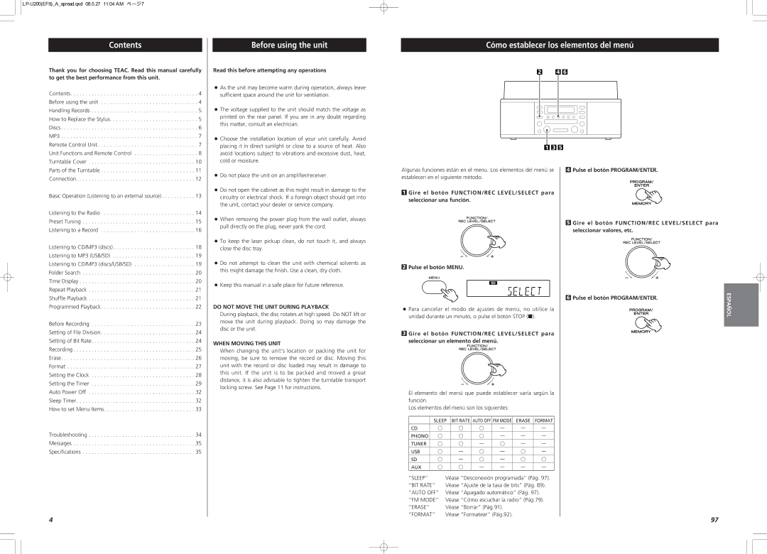 Teac CEC6P10501531 owner manual Contents, Before using the unit, Cómo establecer los elementos del menú 