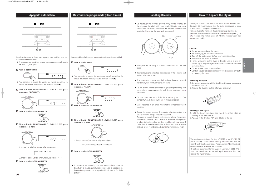 Teac CEC6P10501531 Apagado automático, Desconexión programada Sleep Timer, Handling Records, How to Replace the Stylus 