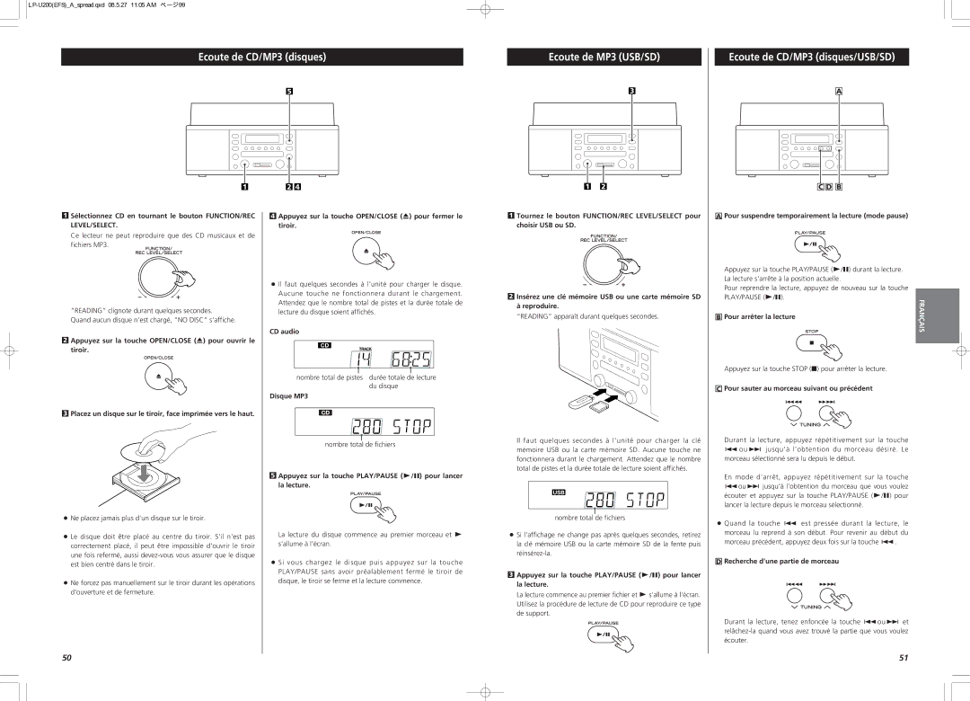 Teac CEC6P10501531 owner manual Ecoute de CD/MP3 disques Ecoute de MP3 USB/SD 