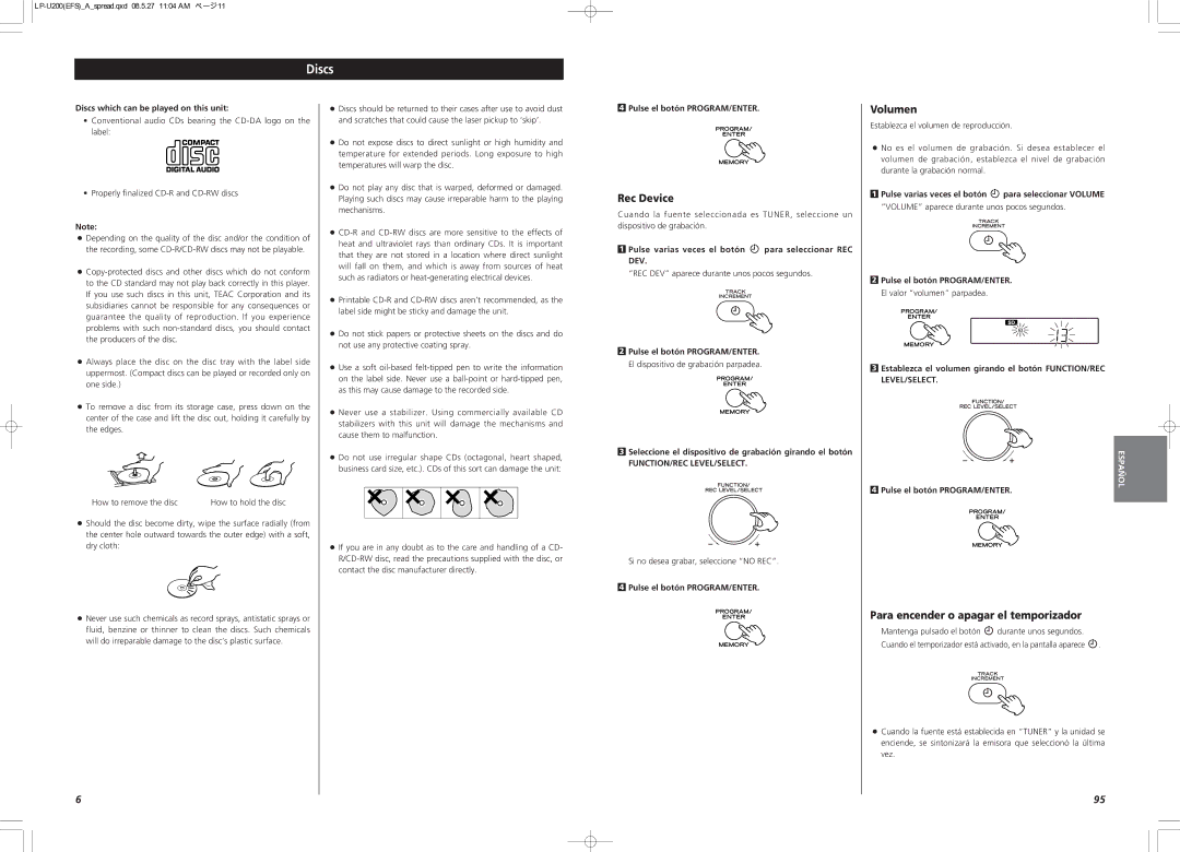 Teac CEC6P10501531 Discs, Rec Device, Volumen, Para encender o apagar el temporizador, Function/Rec Level/Select 