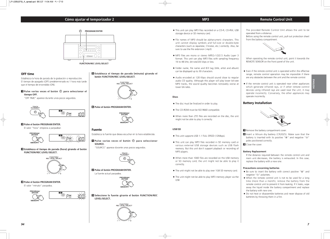 Teac CEC6P10501531 owner manual Cómo ajustar el temporizador, Remote Control Unit, OFF time, Fuente, Battery Installation 