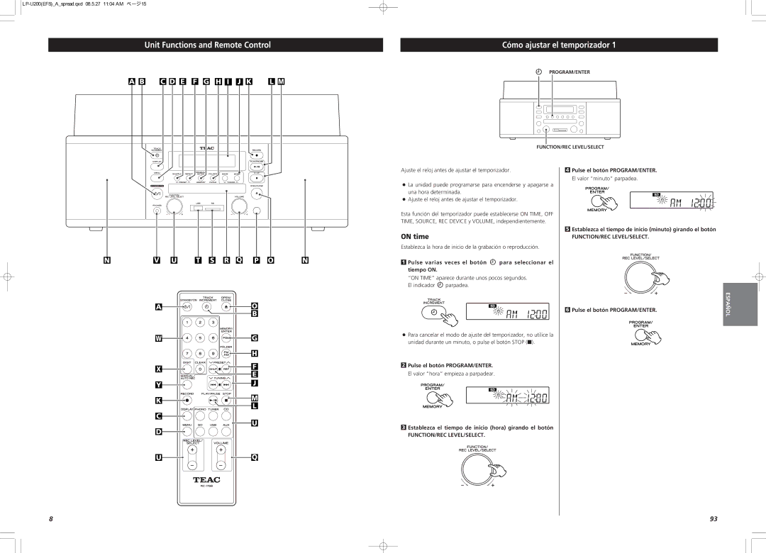 Teac CEC6P10501531 owner manual On time, Establezca la hora de inicio de la grabación o reproducción 