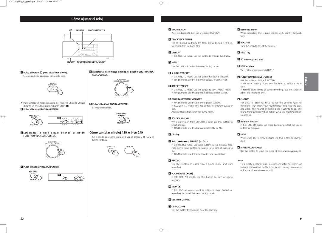 Teac CEC6P10501531 owner manual Cómo ajustar el reloj 