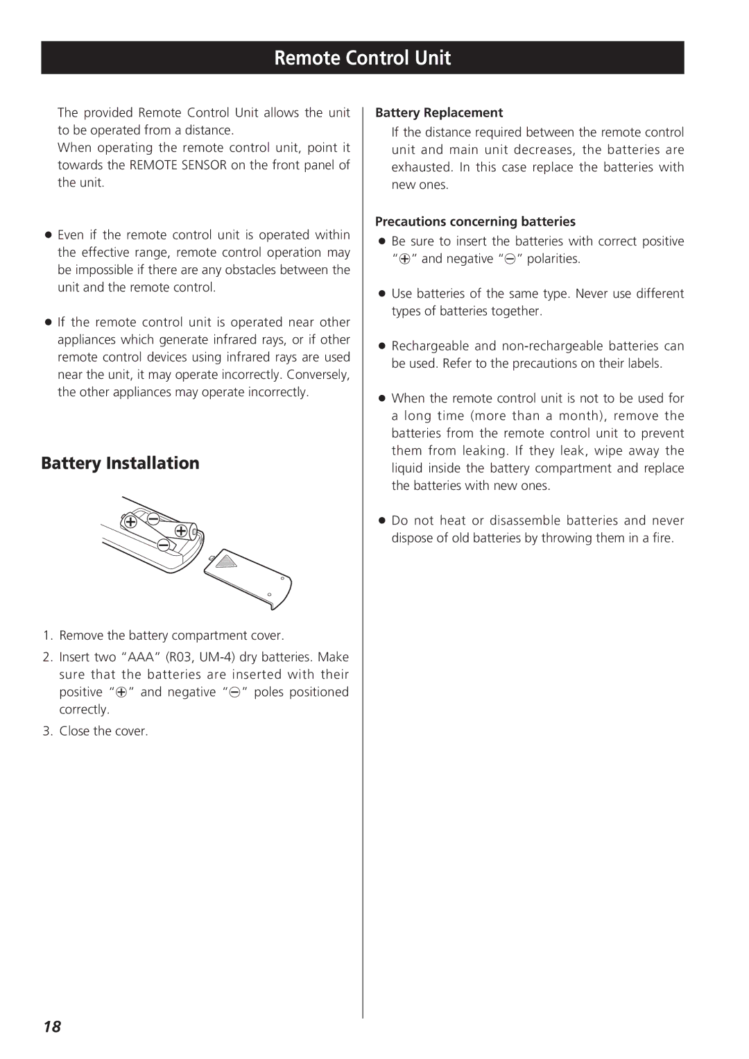 Teac CR-H227I owner manual Remote Control Unit, Battery Installation, Battery Replacement, Precautions concerning batteries 