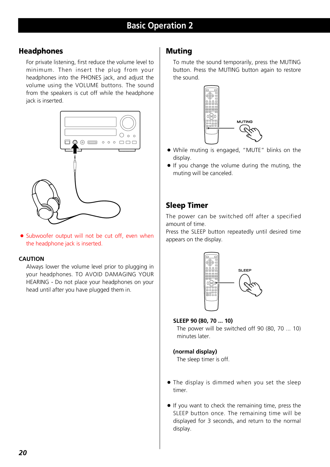 Teac CR-H227I owner manual Muting, Sleep Timer, Sleep 90 80, 70, Normal display 