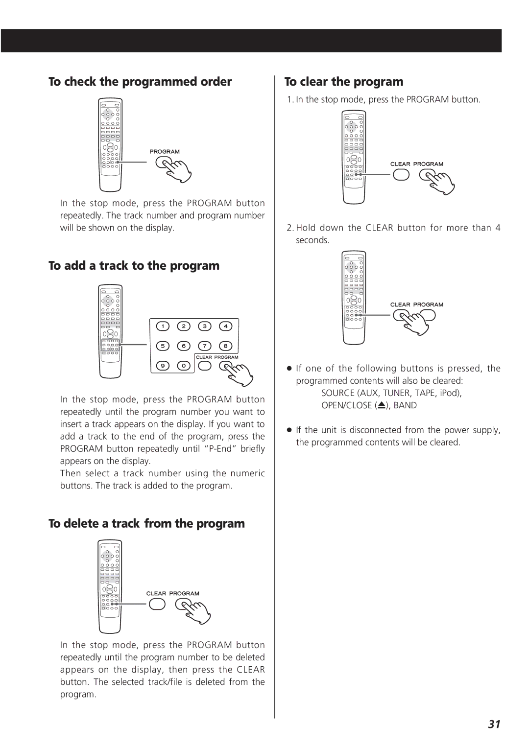 Teac CR-H227I owner manual To check the programmed order, To add a track to the program, To delete a track from the program 