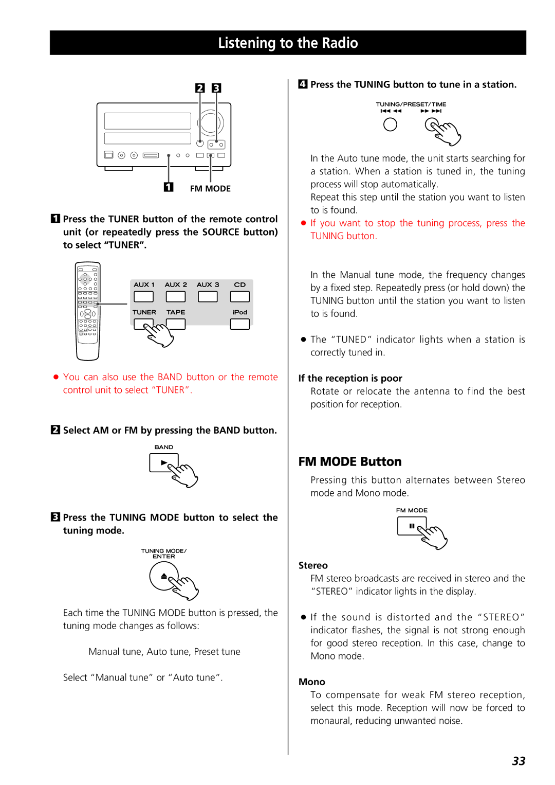 Teac CR-H227I owner manual Listening to the Radio, FM Mode Button 