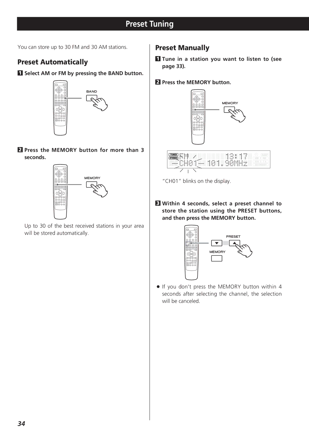 Teac CR-H227I owner manual Preset Tuning, Preset Automatically, Preset Manually 