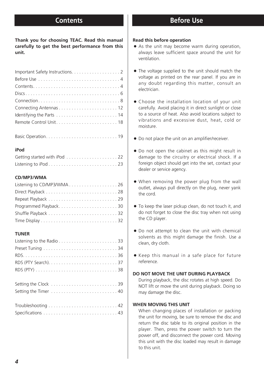 Teac CR-H227I owner manual Contents, Before Use 