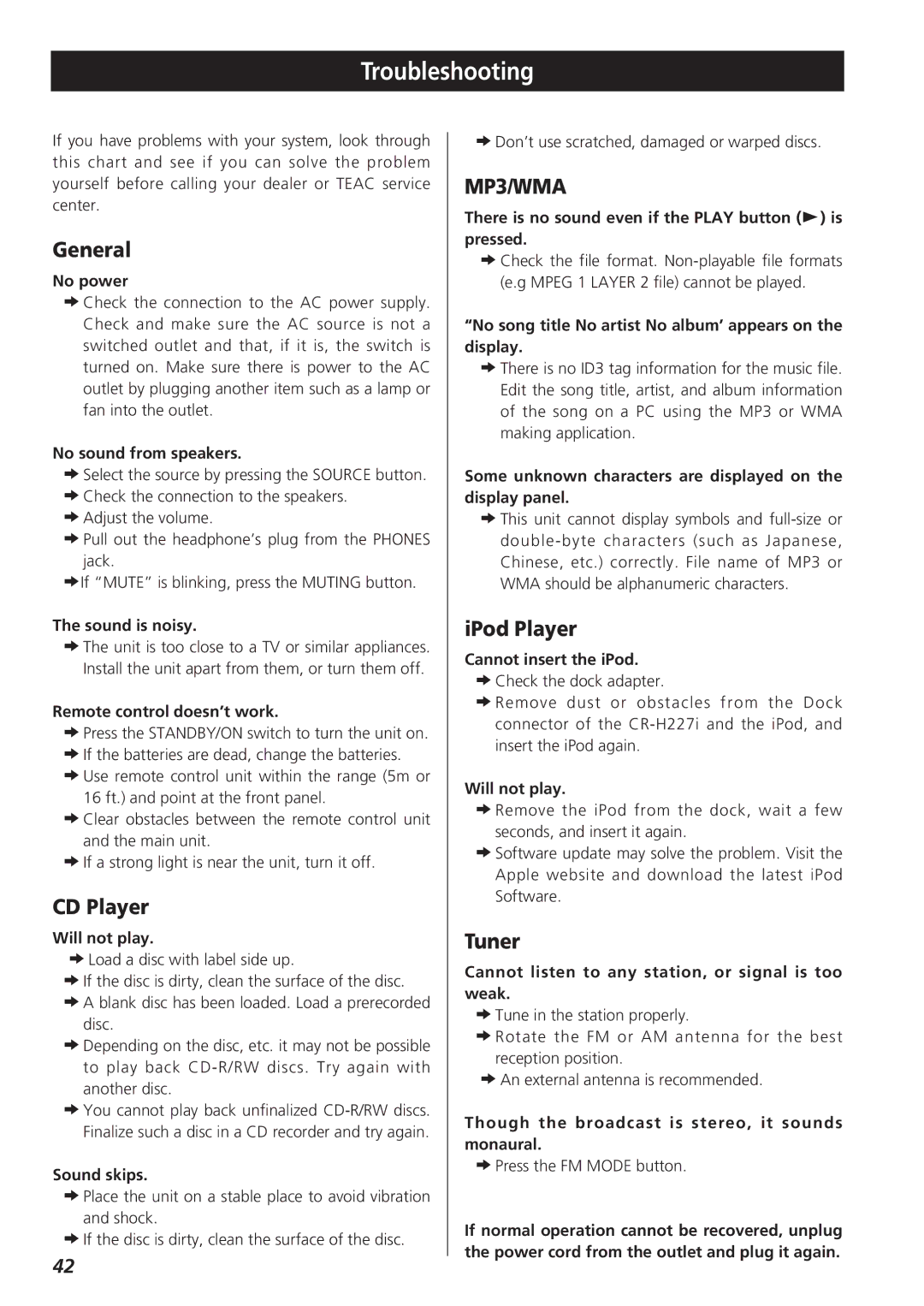 Teac CR-H227I owner manual Troubleshooting, General, CD Player, IPod Player, Tuner 