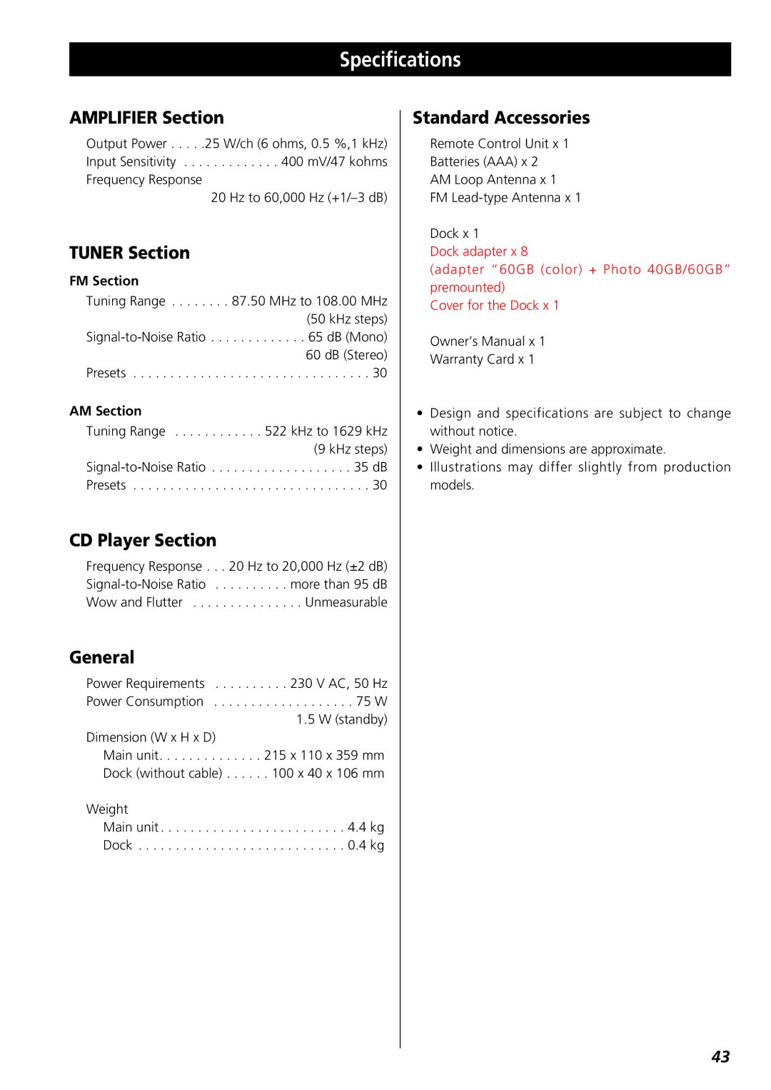 Teac CR-H227I owner manual Specifications, Amplifier Section, Tuner Section, CD Player Section, Standard Accessories 