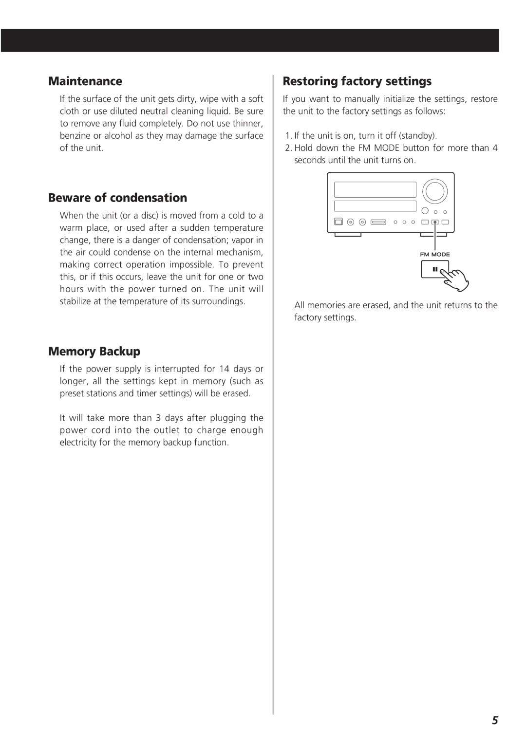 Teac CR-H227I owner manual Maintenance, Beware of condensation, Memory Backup, Restoring factory settings 