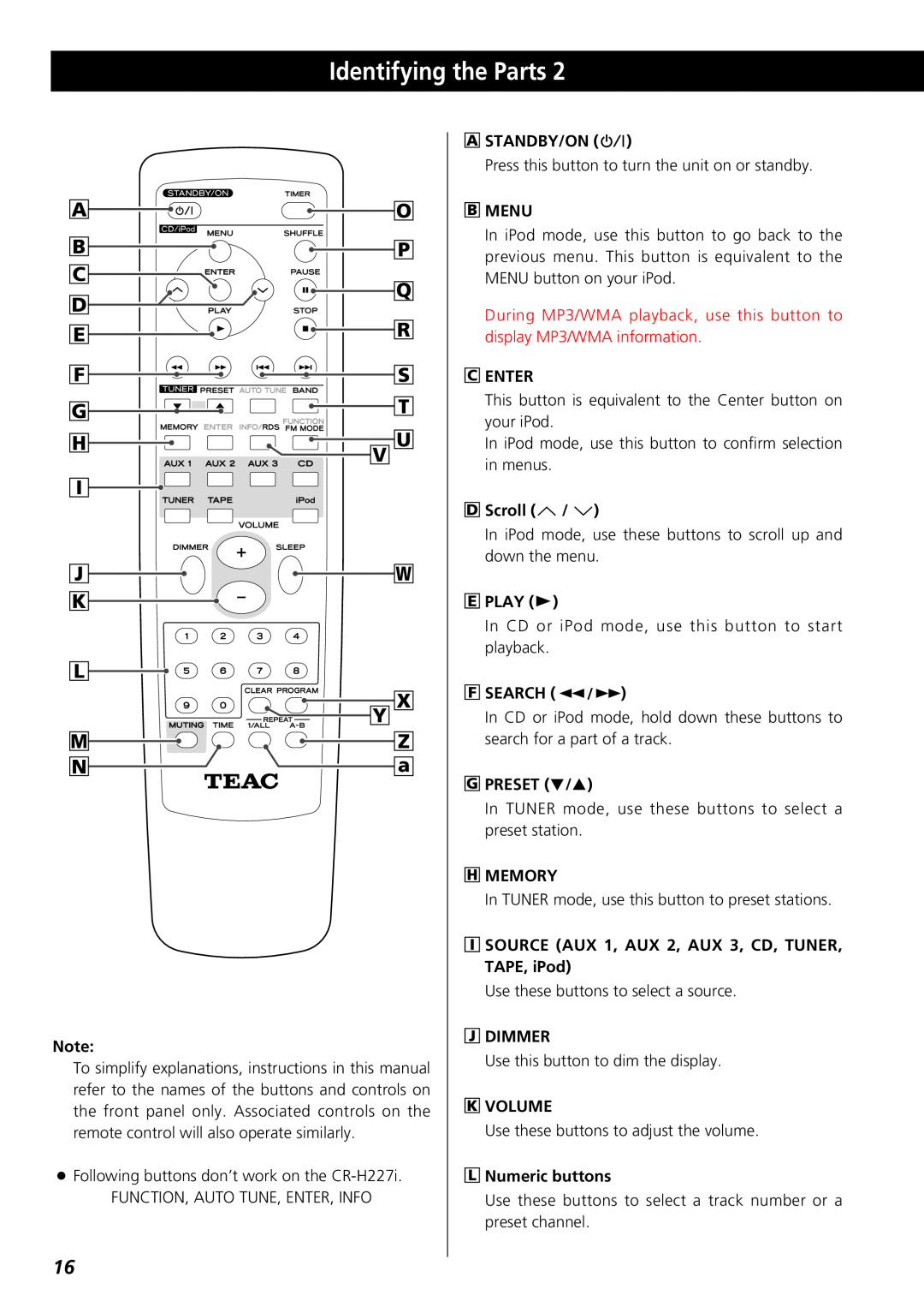 Teac CR-H227I owner manual Identifying the Parts 