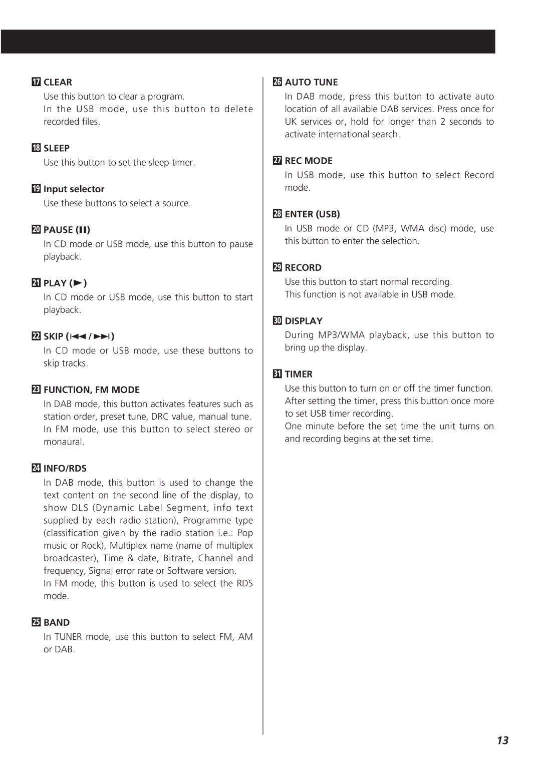 Teac CR-H255 owner manual Clear, Sleep, FUNCTION, FM Mode, Info/Rds, Band, Auto Tune, REC Mode, Enter USB, Display, Timer 