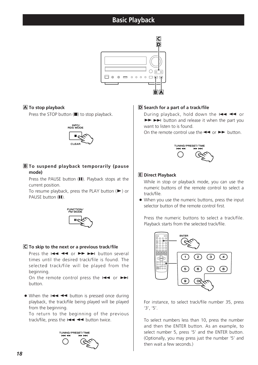 Teac CR-H255 owner manual Basic Playback, To stop playback, To suspend playback temporarily pause mode, Direct Playback 