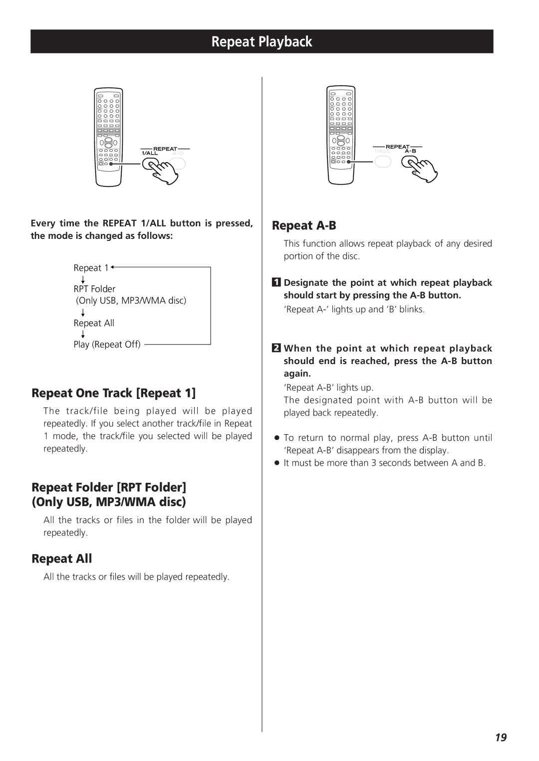 Teac CR-H255 owner manual Repeat Playback, Repeat One Track Repeat, Repeat All, Repeat A-B 