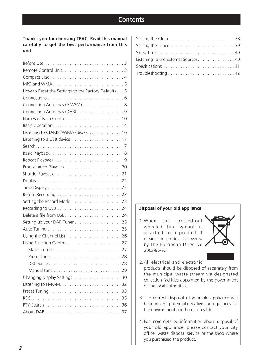 Teac CR-H255 owner manual Contents 