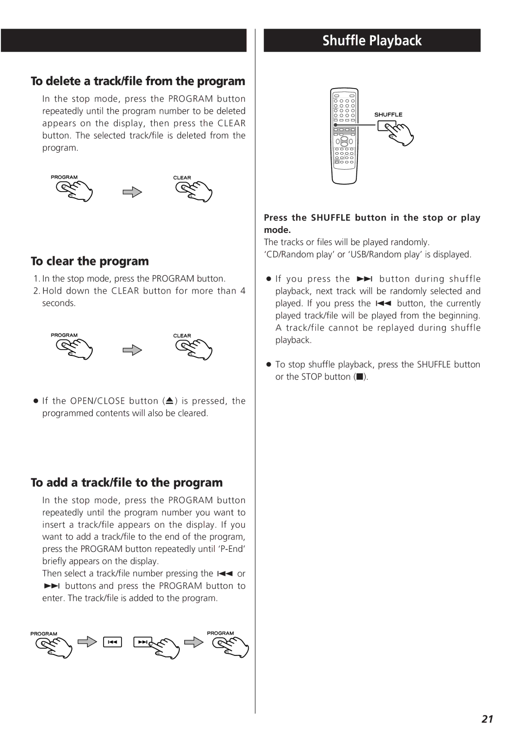 Teac CR-H255 owner manual Shuffle Playback, To delete a track/file from the program, To clear the program 