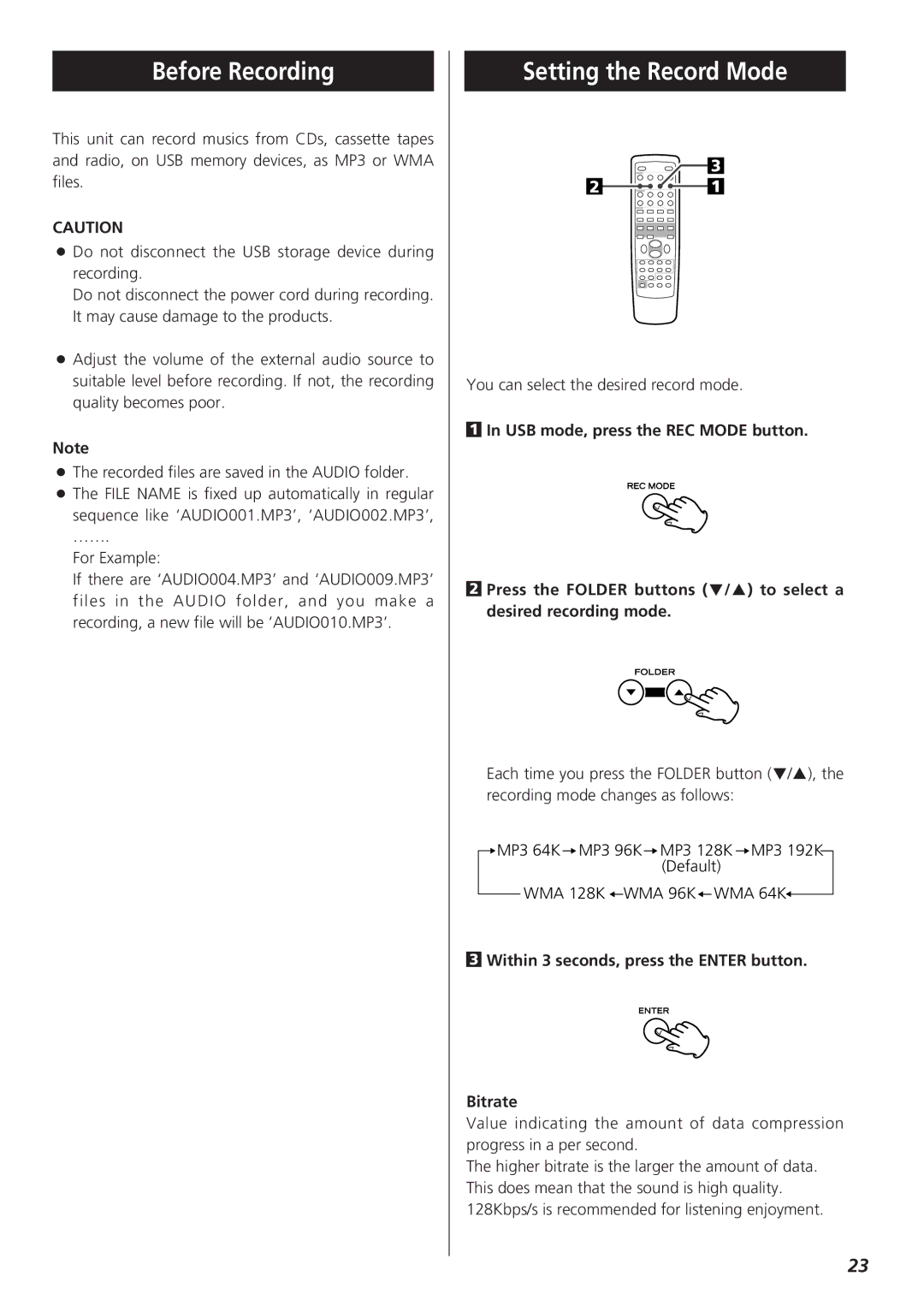 Teac CR-H255 owner manual Before Recording, Setting the Record Mode, Within 3 seconds, press the Enter button Bitrate 