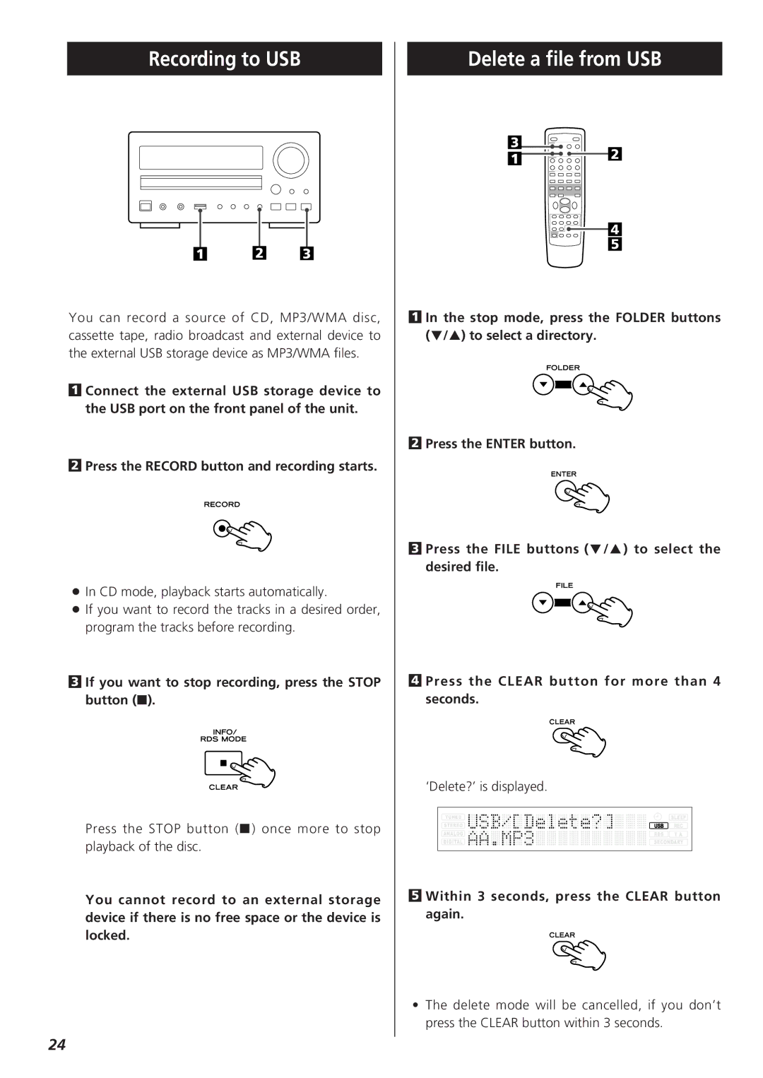 Teac CR-H255 owner manual Recording to USB, Delete a file from USB, If you want to stop recording, press the Stop button H 