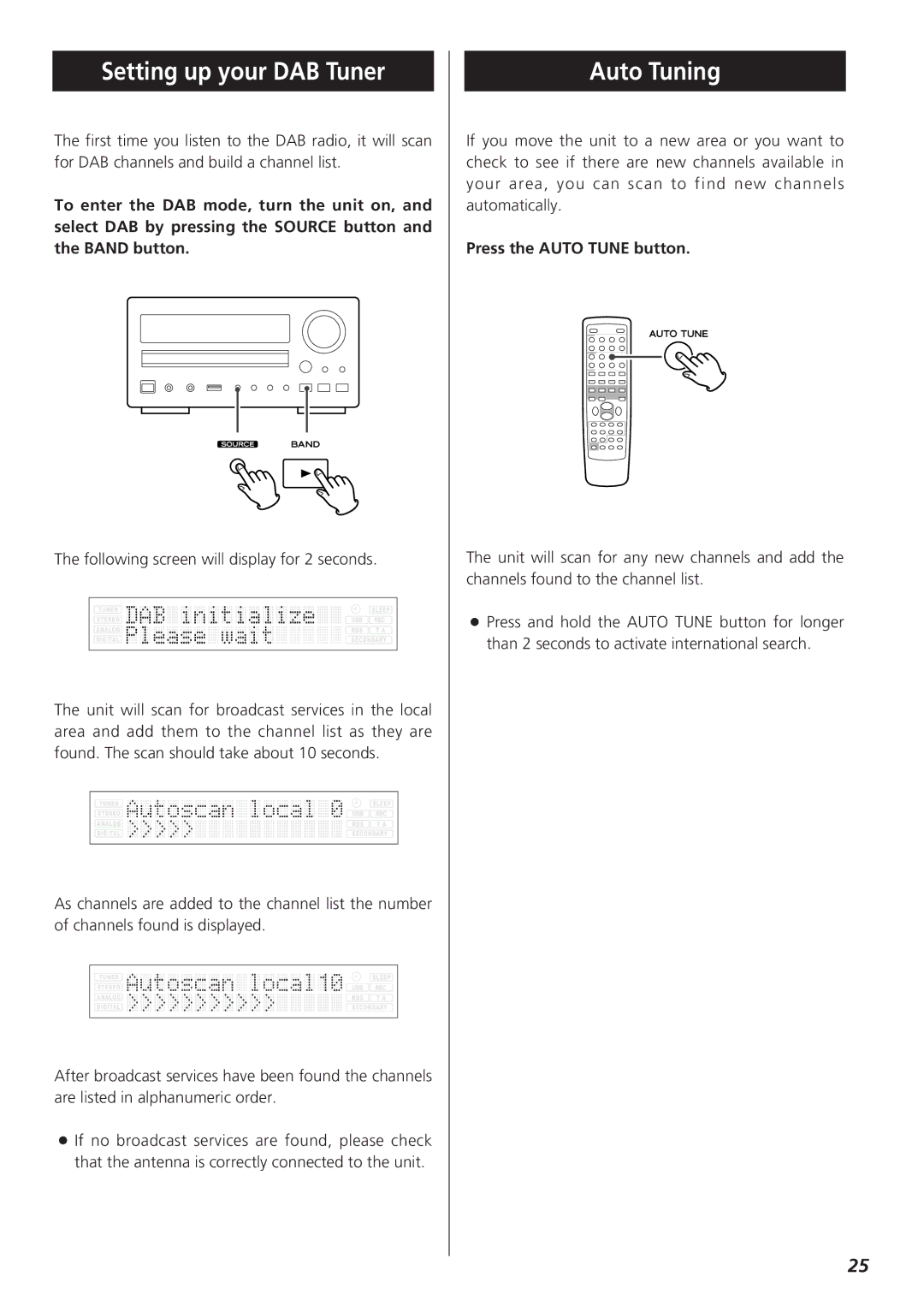 Teac CR-H255 owner manual Setting up your DAB Tuner, Auto Tuning, Press the Auto Tune button 