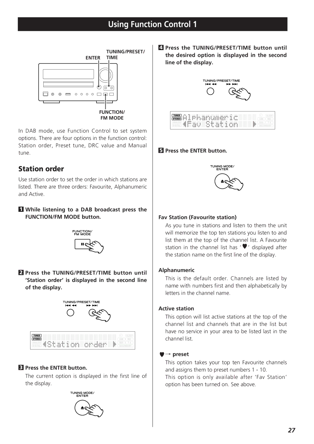 Teac CR-H255 owner manual Using Function Control, Station order, Alphanumeric, Active station, Preset 