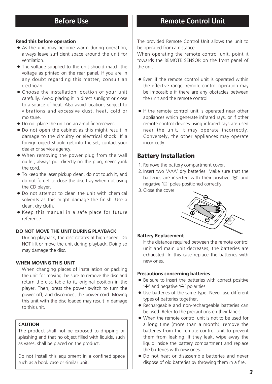 Teac CR-H255 owner manual Before Use, Remote Control Unit, Battery Installation, Do not Move the Unit During Playback 