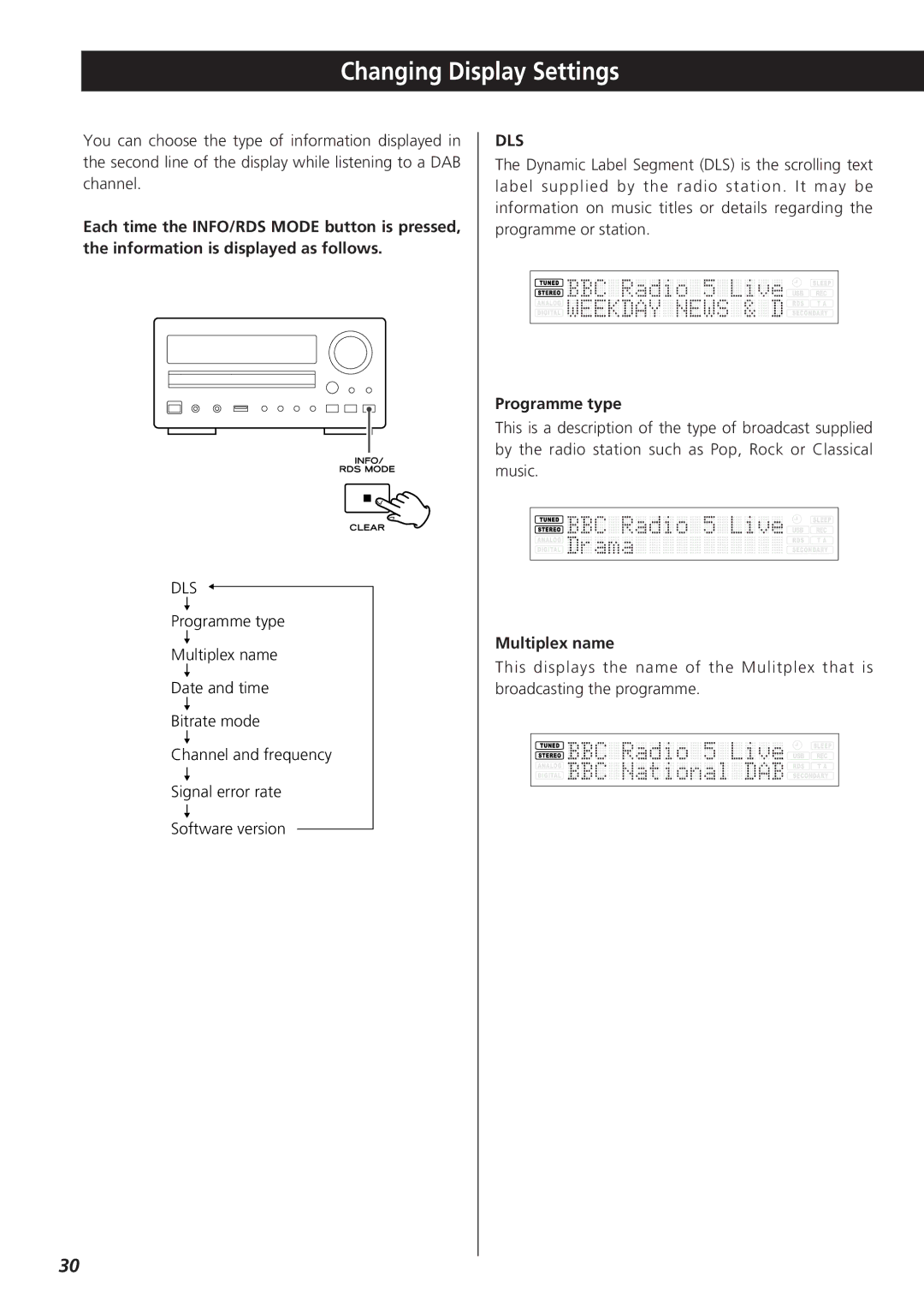 Teac CR-H255 owner manual Changing Display Settings, Dls, Programme type, Multiplex name 