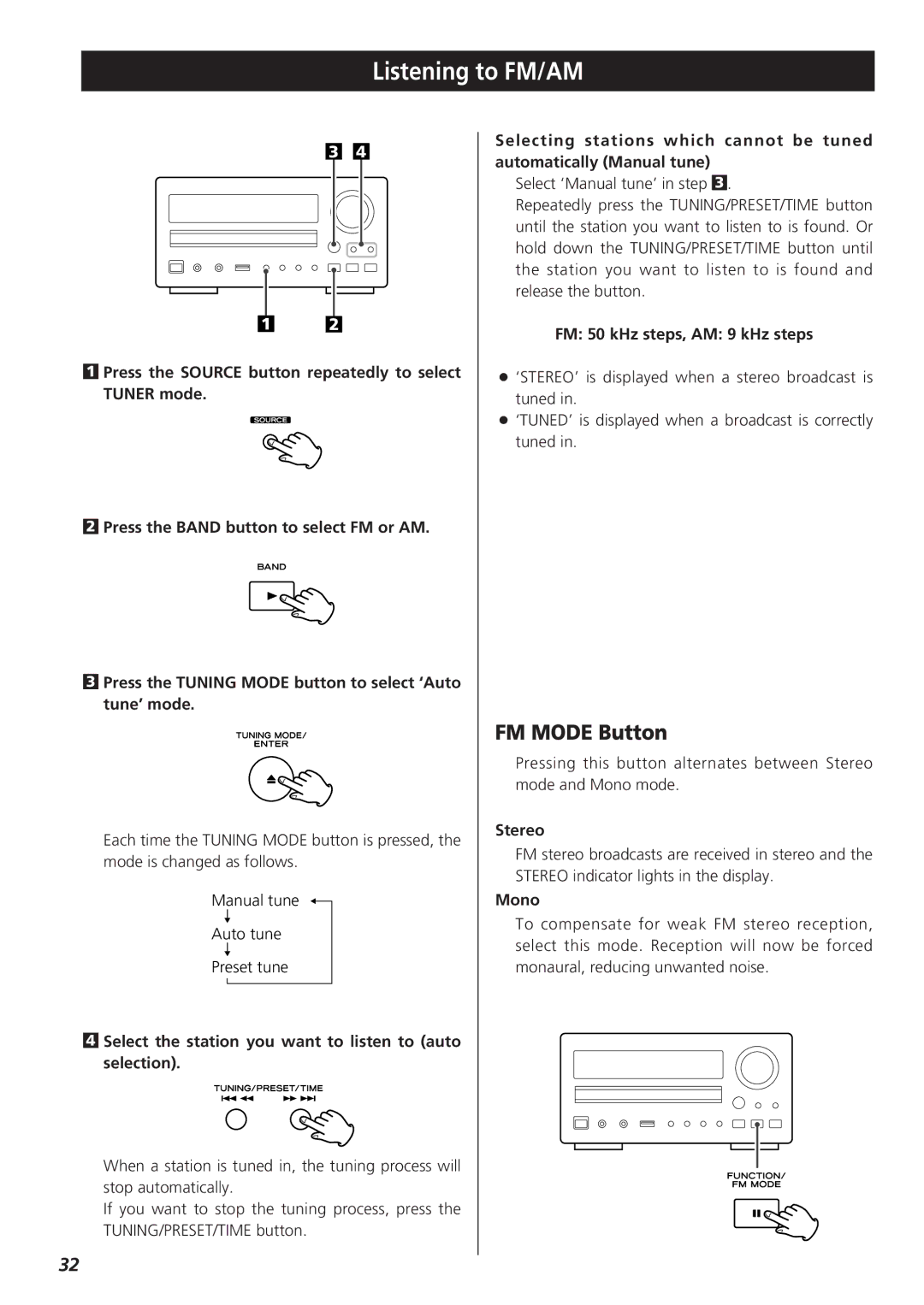 Teac CR-H255 owner manual Listening to FM/AM, FM Mode Button 