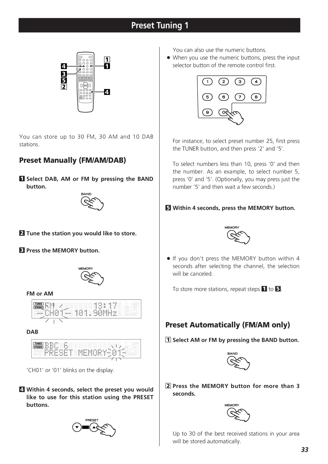 Teac CR-H255 owner manual Preset Tuning, Preset Manually FM/AM/DAB, Preset Automatically FM/AM only, Dab 