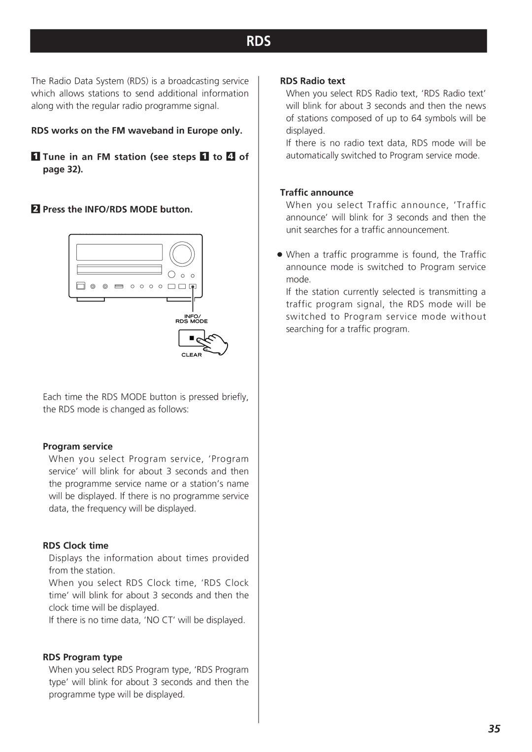 Teac CR-H255 owner manual Program service, RDS Clock time, RDS Program type, RDS Radio text, Traffic announce 