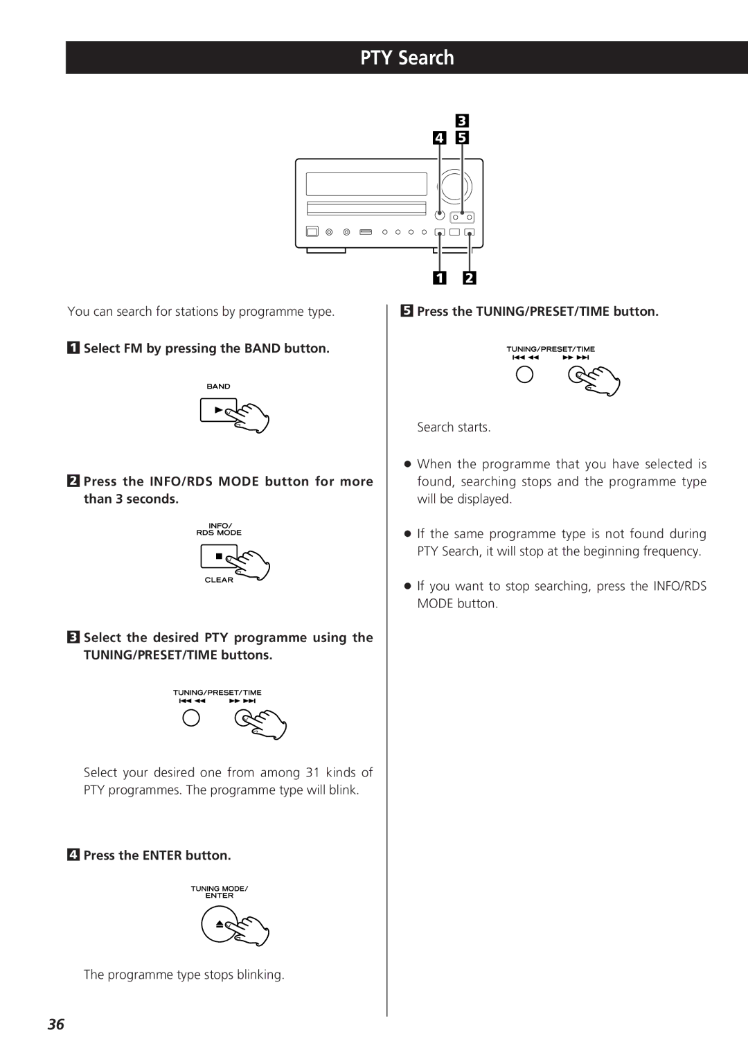 Teac CR-H255 owner manual PTY Search, Press the TUNING/PRESET/TIME button 