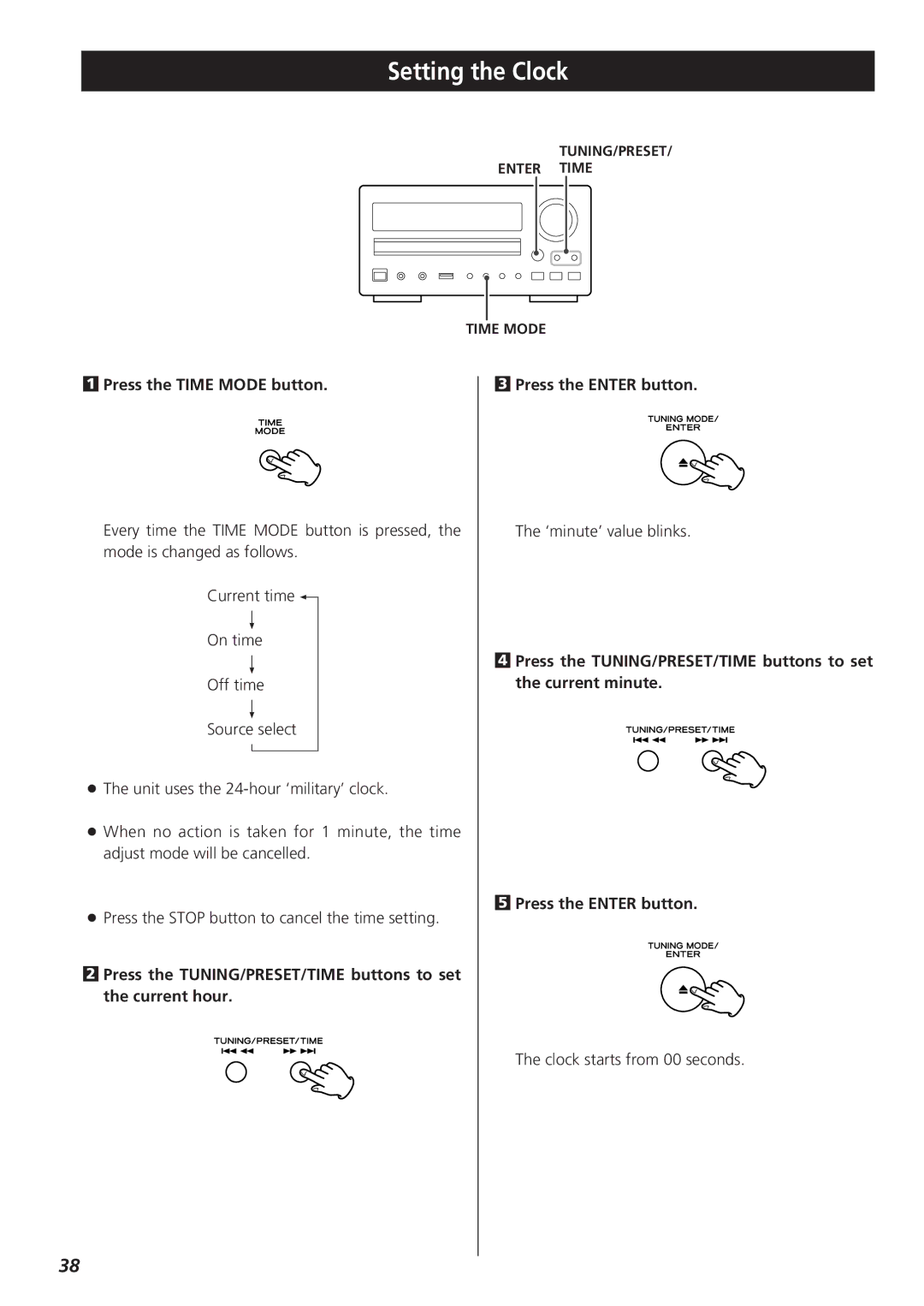 Teac CR-H255 owner manual Setting the Clock, Press the Time Mode button 