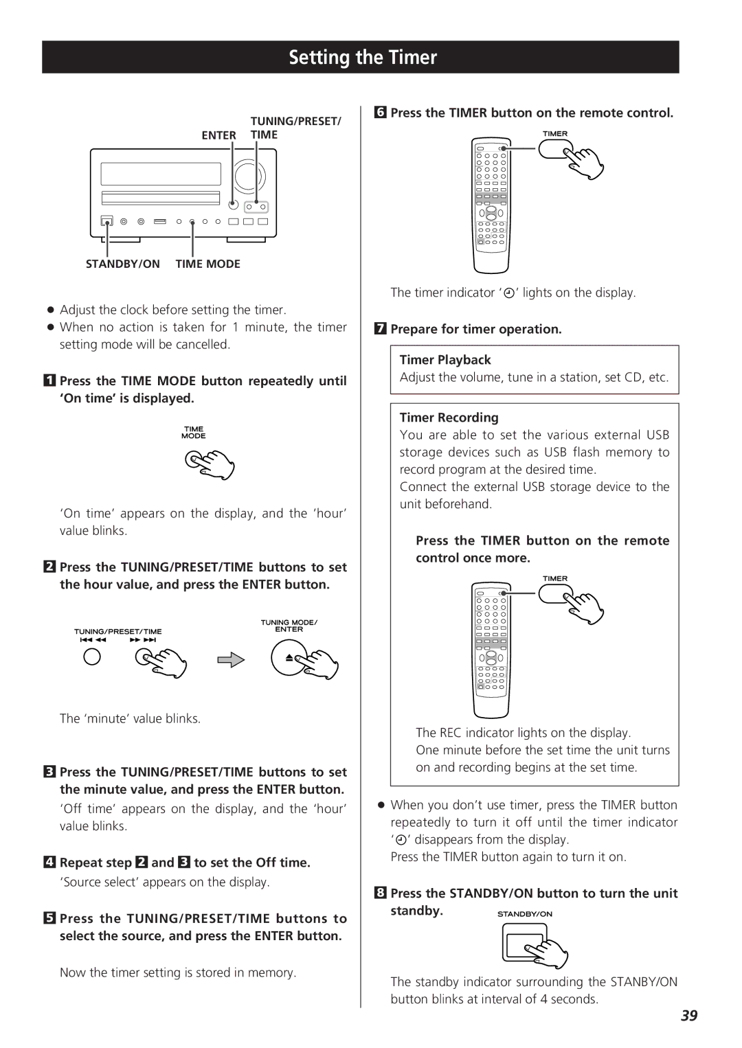 Teac CR-H255 owner manual Setting the Timer 