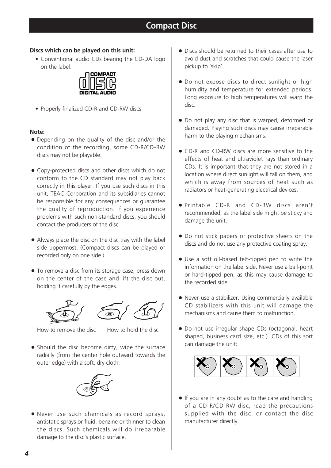 Teac CR-H255 owner manual Compact Disc, Discs which can be played on this unit 