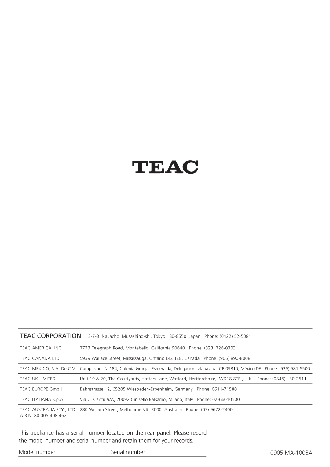 Teac CR-H255 owner manual Model number Serial number 0905.MA-1008A 