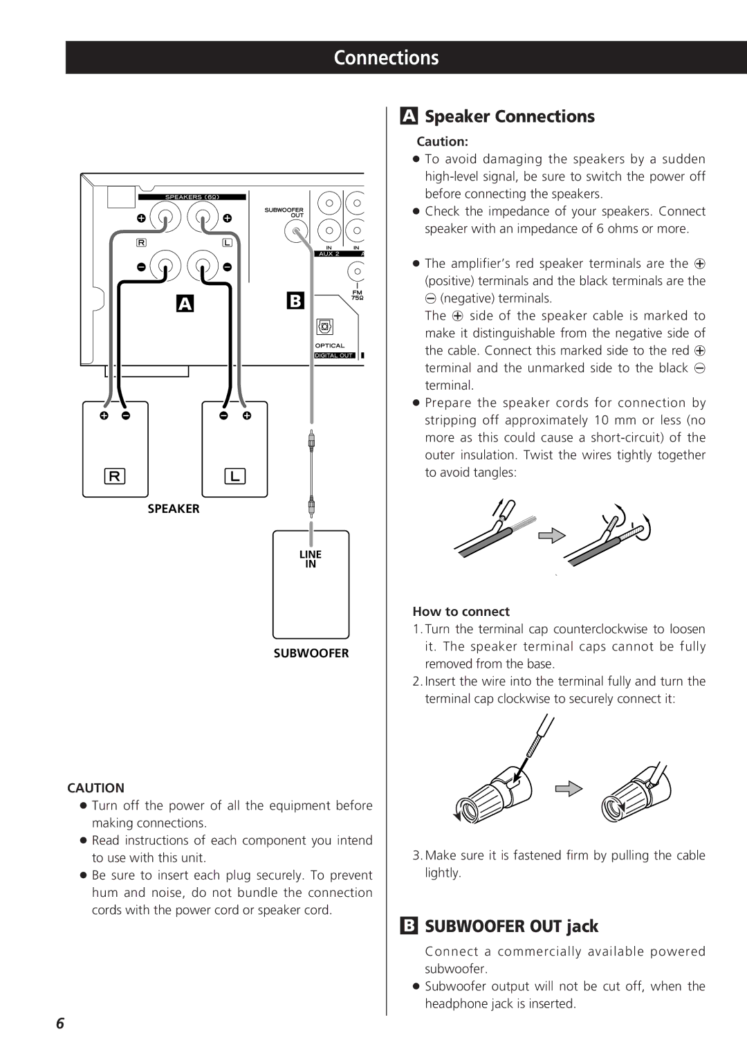 Teac CR-H255 owner manual Speaker Connections, Subwoofer OUT jack, How to connect 