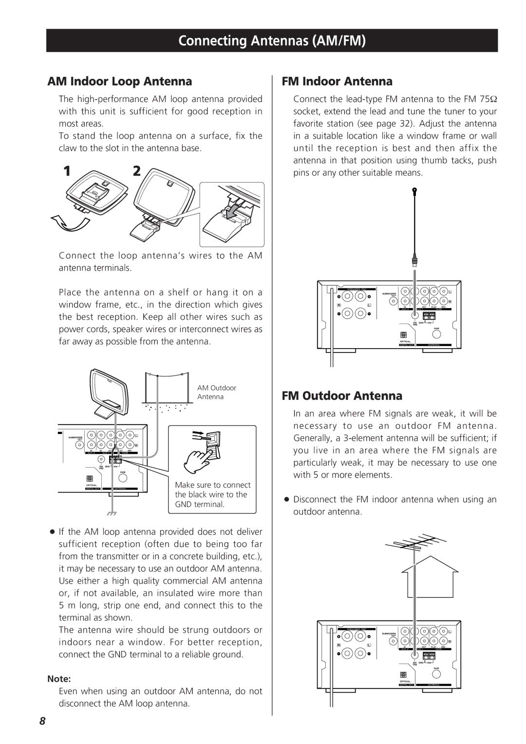 Teac CR-H255 owner manual Connecting Antennas AM/FM, AM Indoor Loop Antenna, FM Indoor Antenna, FM Outdoor Antenna 