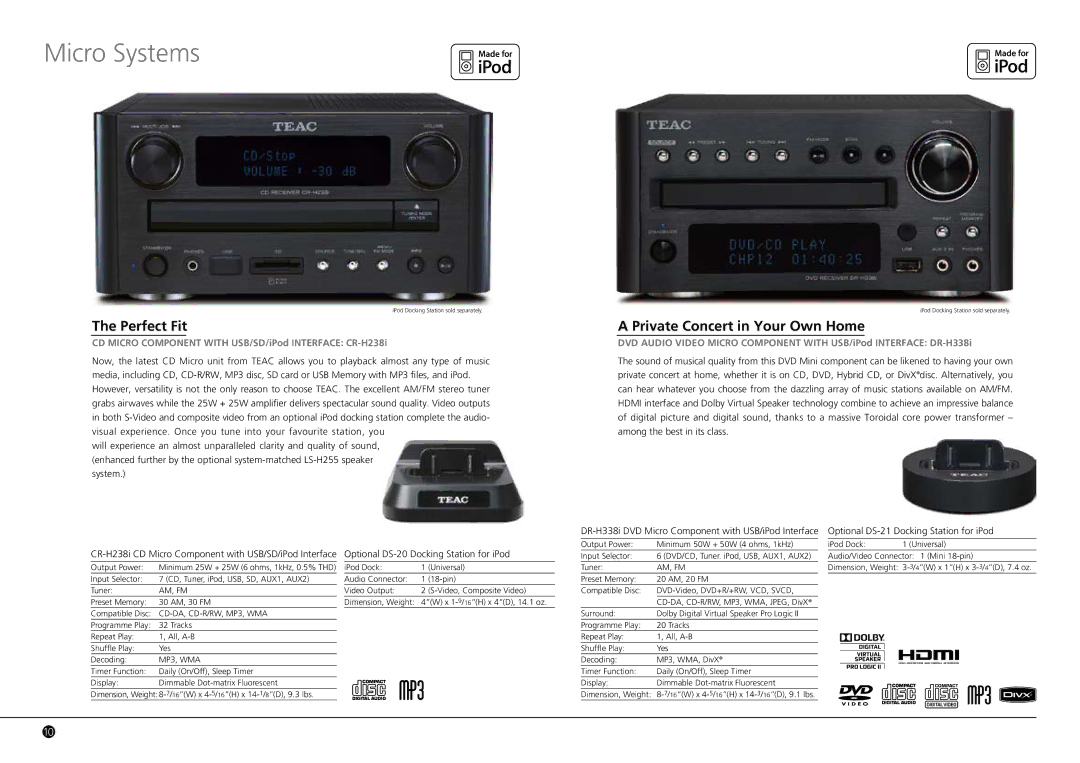 Teac AG-H600NT manual Micro Systems, Perfect Fit, Private Concert in Your Own Home, Optional DS-21 Docking Station for iPod 