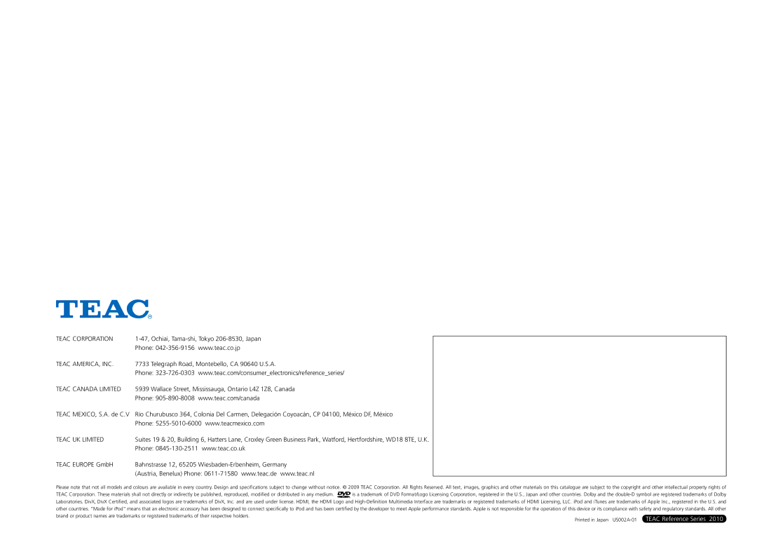 Teac H338i, CR-H500NT, PD-H380, AG-H600NT manual Teac Corporation, Teac AMERICA, INC, Teac Canada Limited, Teac UK Limited 