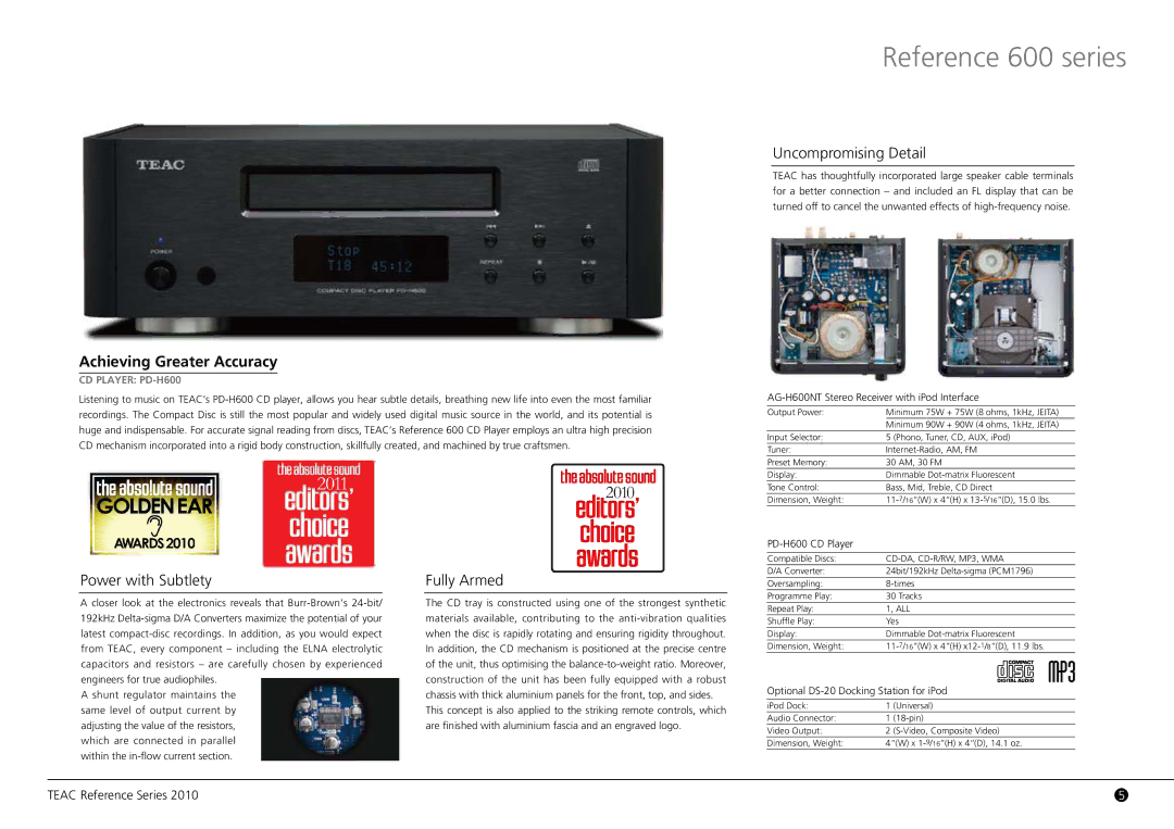 Teac H338i, CR-H500NT, PD-H380 Achieving Greater Accuracy, AG-H600NT Stereo Receiver with iPod Interface, PD-H600 CD Player 