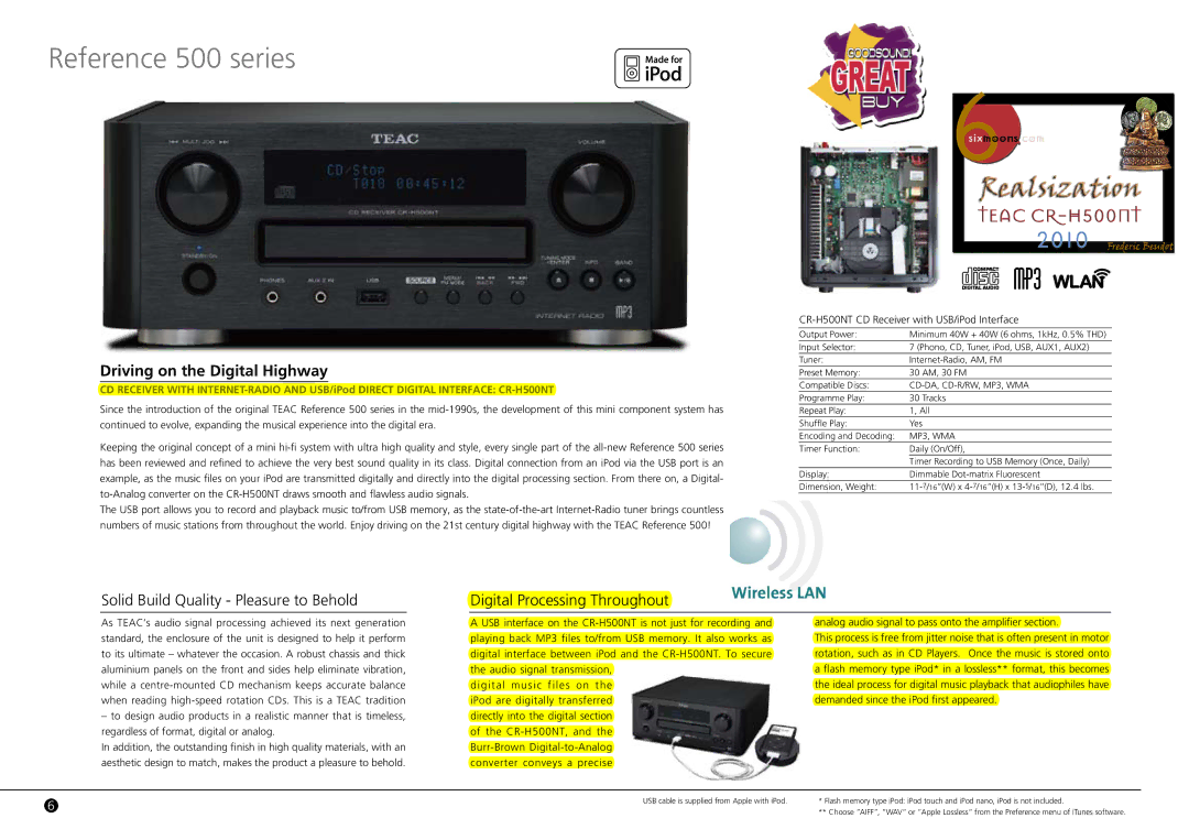 Teac AG-H600NT, H338i Reference 500 series, Driving on the Digital Highway, CR-H500NT CD Receiver with USB/iPod Interface 