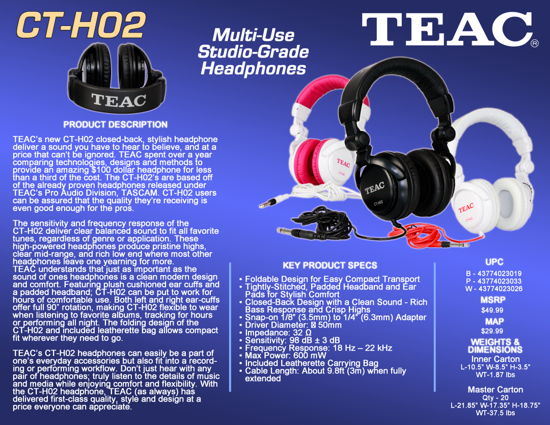 Teac Multi-Use Studio-Grade Headphones, CT-H02 manual 