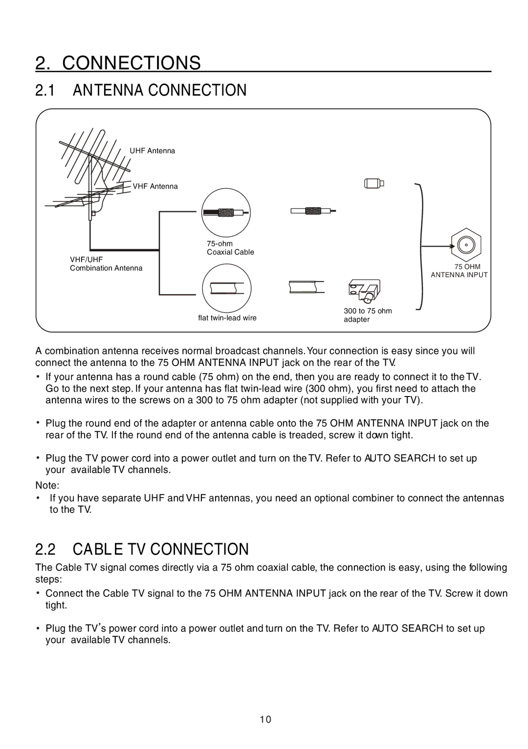 Teac CT-W32ID owner manual Connections, Antenna Connection, Cable TV Connection 