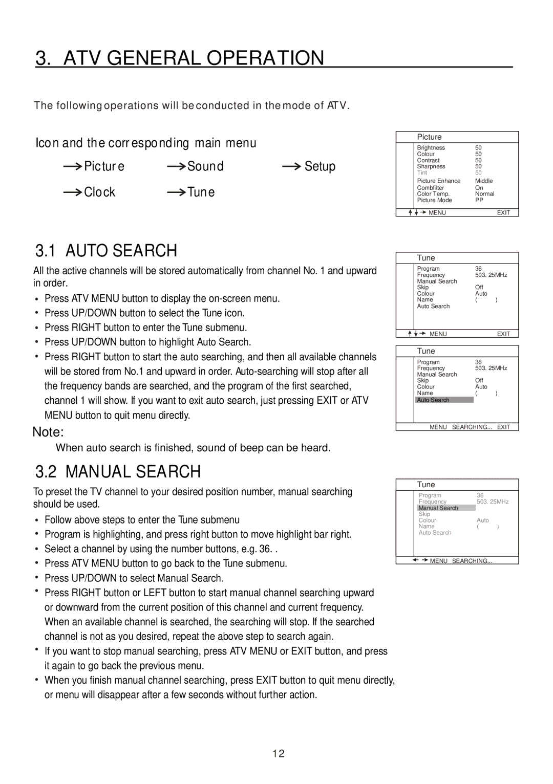 Teac CT-W32ID owner manual ATV General Operation, Auto Search, Manual Search 