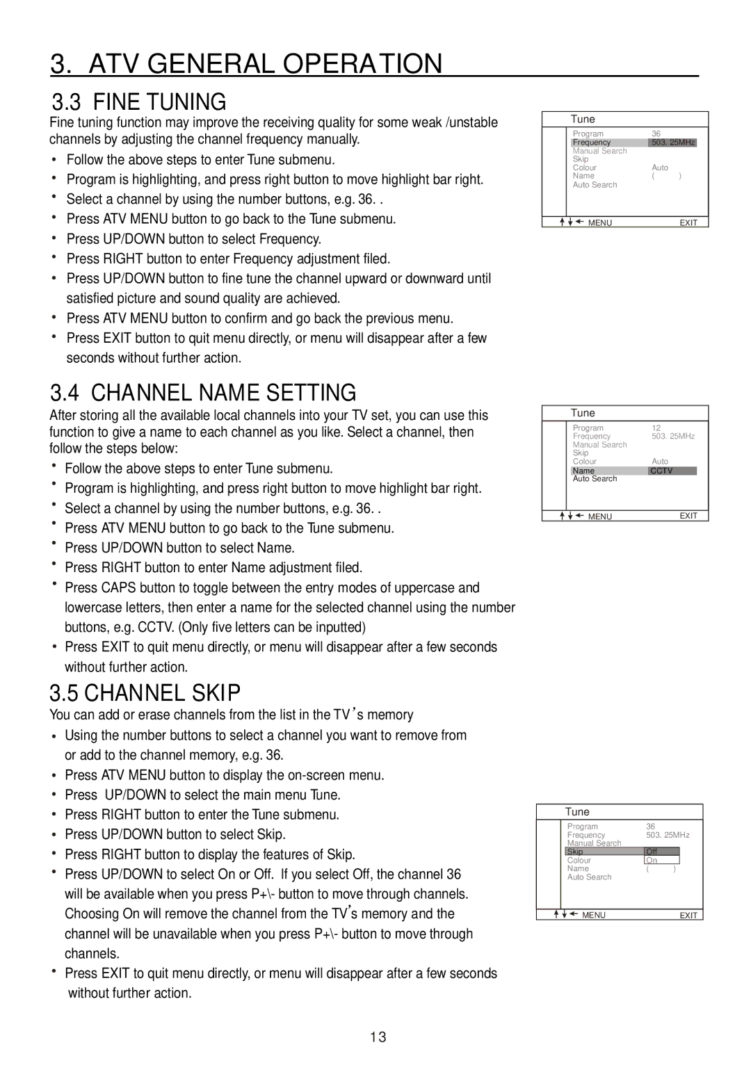 Teac CT-W32ID owner manual Fine Tuning, Channel Name Setting, Channel Skip 