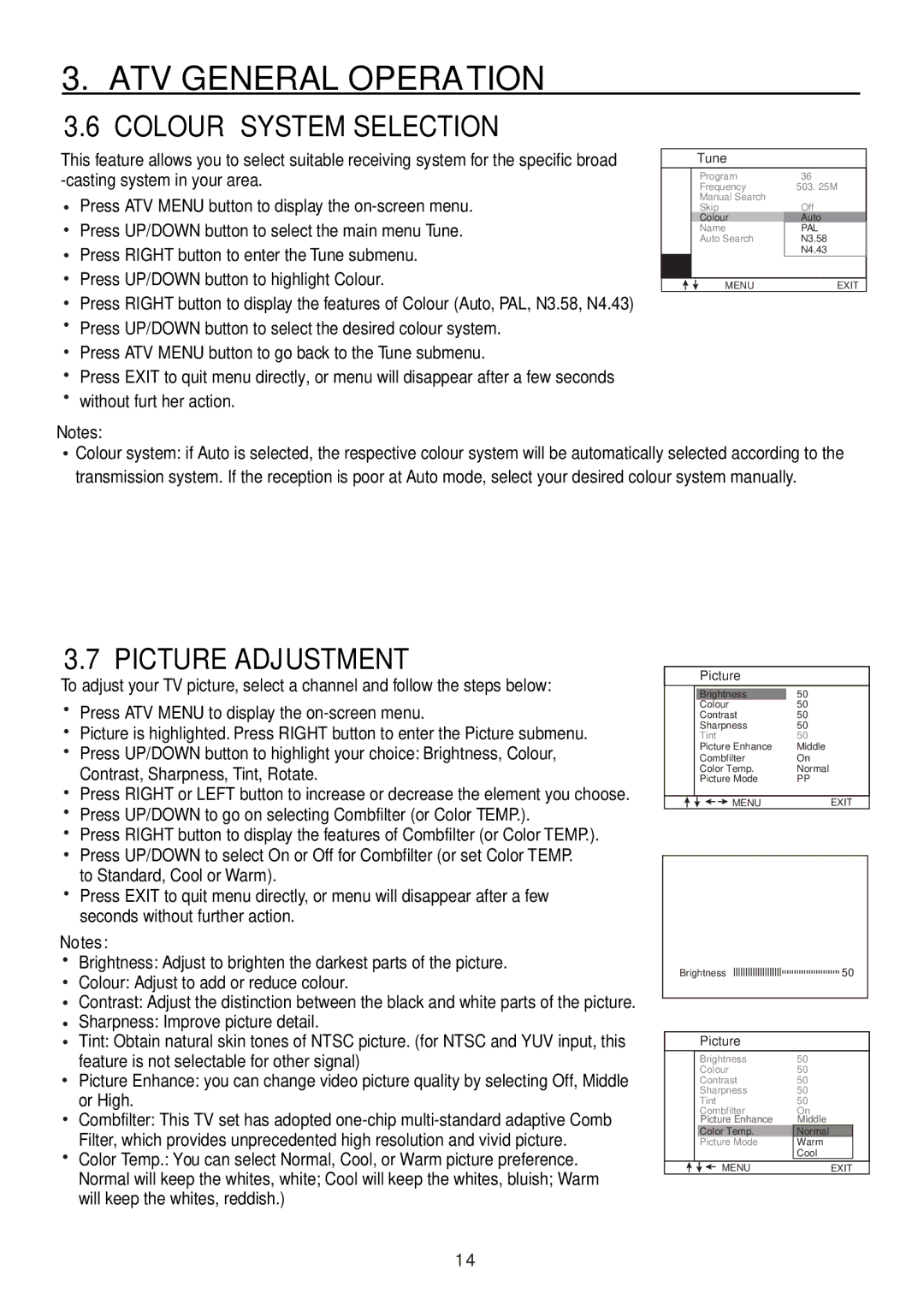 Teac CT-W32ID owner manual Colour System Selection, Picture Adjustment 