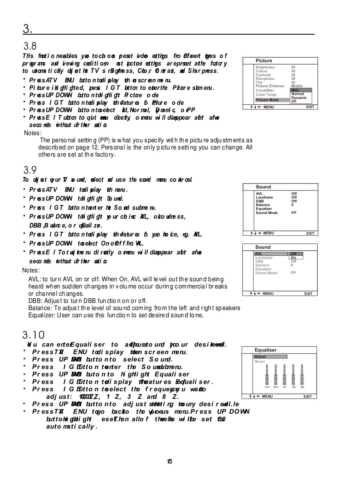 Teac CT-W32ID owner manual Preset Picture Mode, Sound Adjustment, Equaliser Selection 