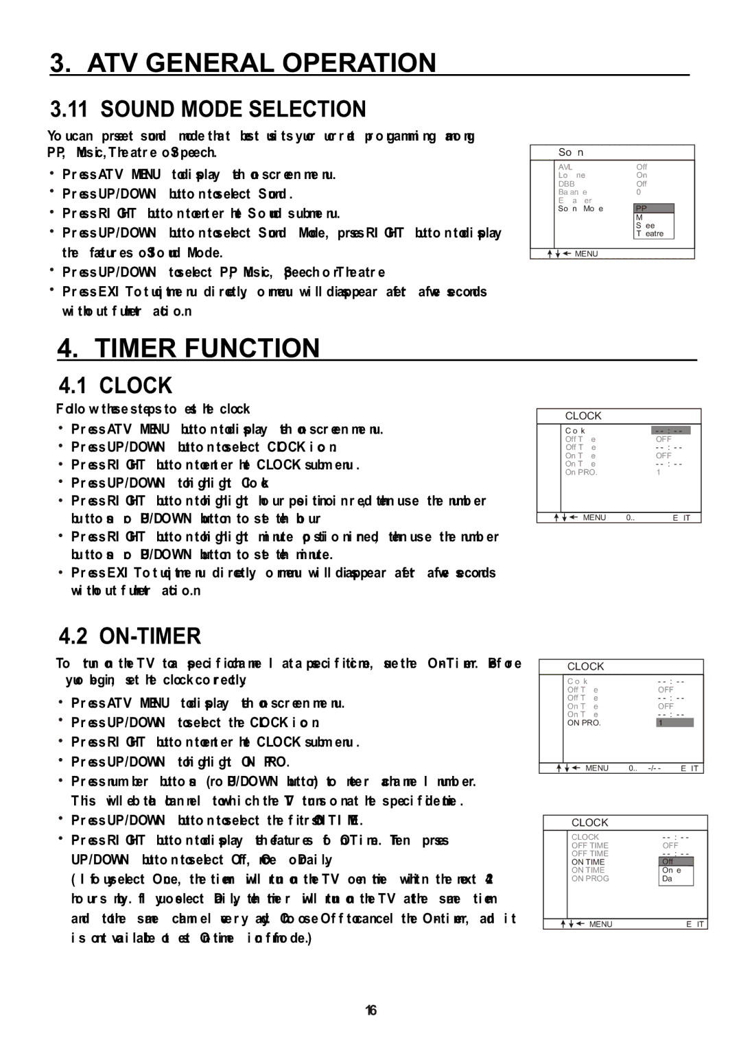 Teac CT-W32ID owner manual Timer Function, Sound Mode Selection, Clock, On-Timer 